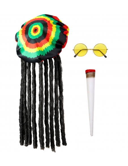 Set Rasta avec bonnet et dreadlocks, lunettes et grand joint