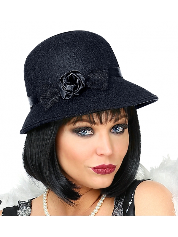 Chapeau cloche années 20 noir, femme avec nœud et fleur