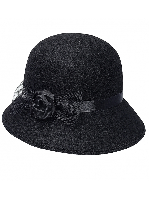 Chapeau cloche années 20 noir, femme avec nœud et fleur