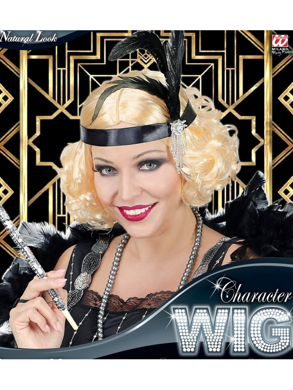 Perruque années 20 femme, blonde avec bandeau à plumes