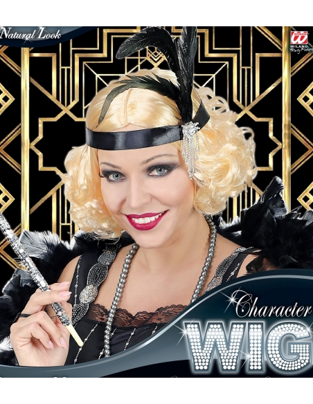 Perruque années 20 femme, blonde avec bandeau à plumes