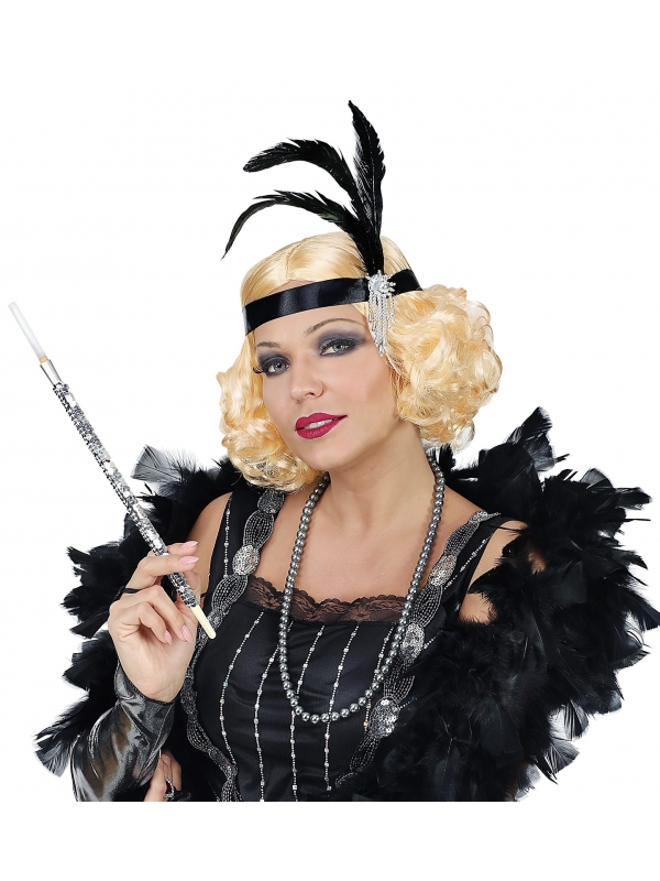 Perruque années 20 femme, blonde avec bandeau à plumes