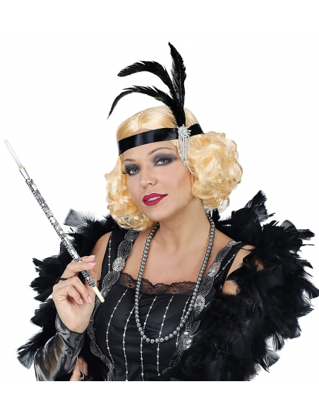 Perruque années 20 femme, blonde avec bandeau à plumes
