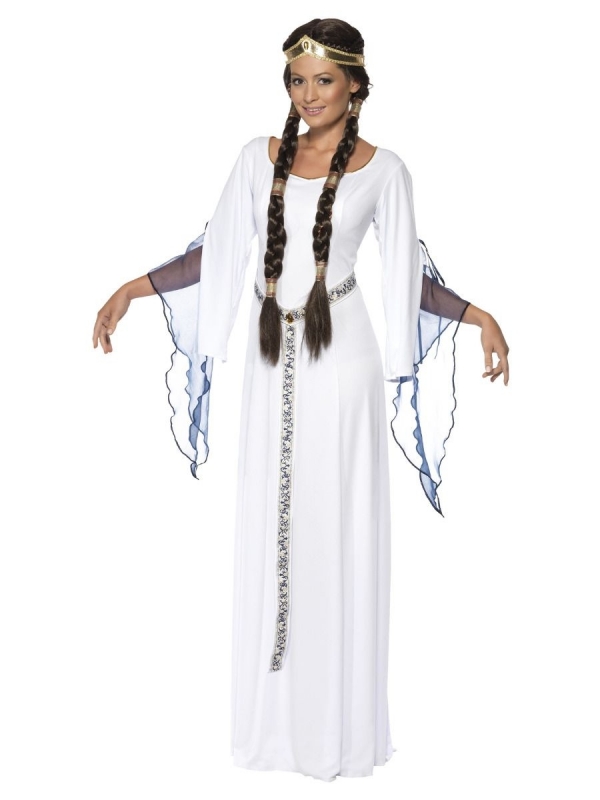 Déguisement médiéval femme, blanc (robe, ceinture et coiffe)