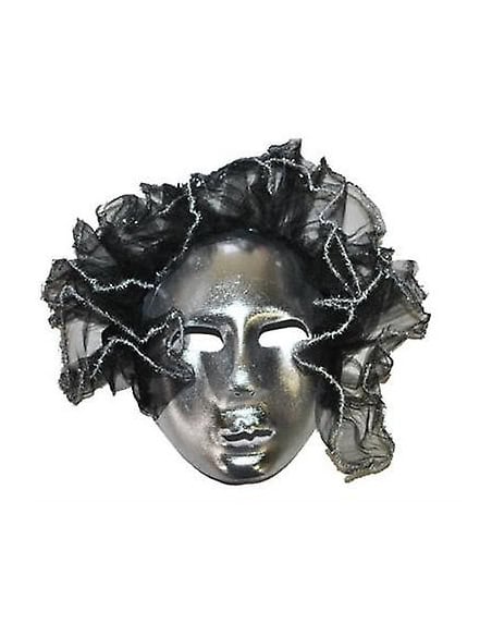 Masque Vénitien femme avec volants noir et argent