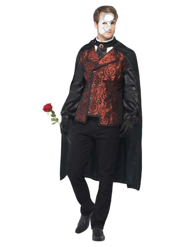 Déguisement du fantôme de l'opéra (cape, haut avec fausse chemise, masque, gants et rose)