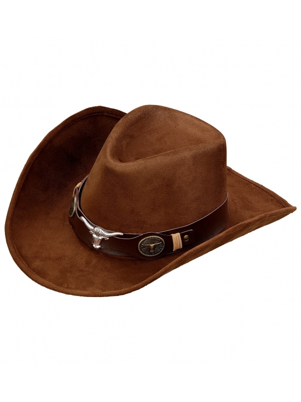 Chapeau Cowboy marron aspect daim avec tête de bison