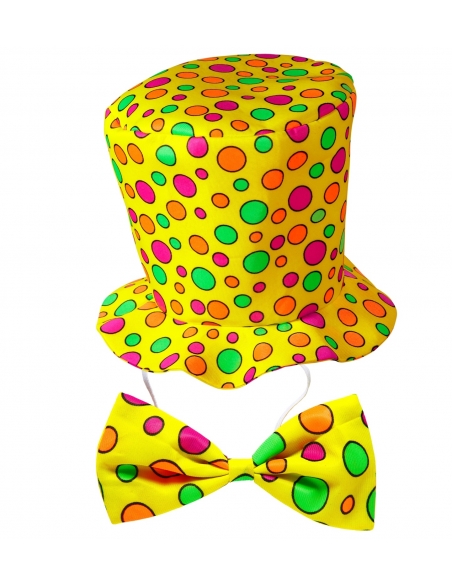 Set Clown adulte chapeau et nœud pap jaune à pois