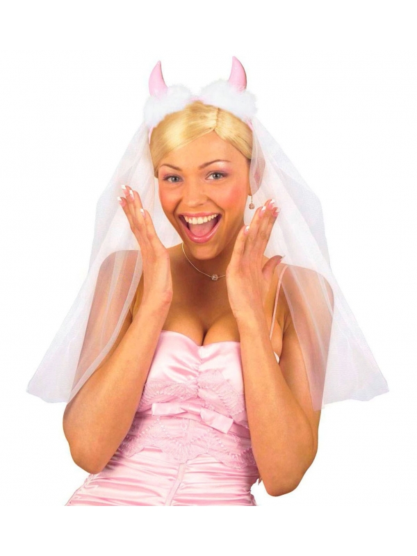 Voile de mariée avec cornes de diablesse roses
