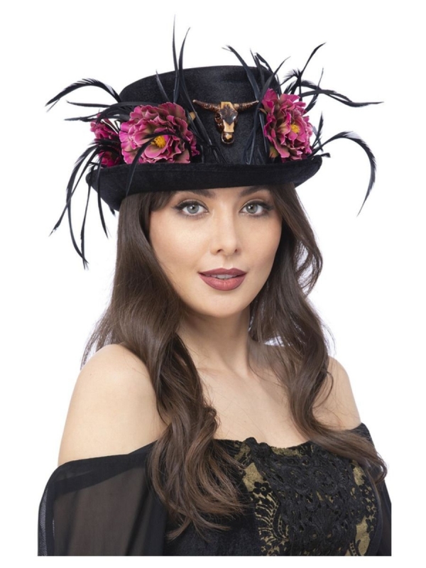 Chapeau haut de forme avec roses et plumes femme