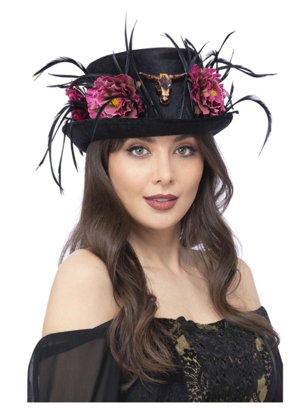 Mini Chapeau Haut De Forme Avec Plume Et Fleur - Accessoire Déguisement Cocktail, Fête, Halloween - Épingle à Cheveux