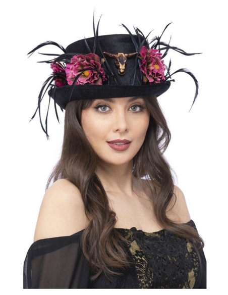 Chapeau haut de forme avec roses et plumes femme