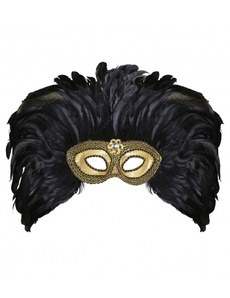 Masque loup doré avec longues plumes noires - femme