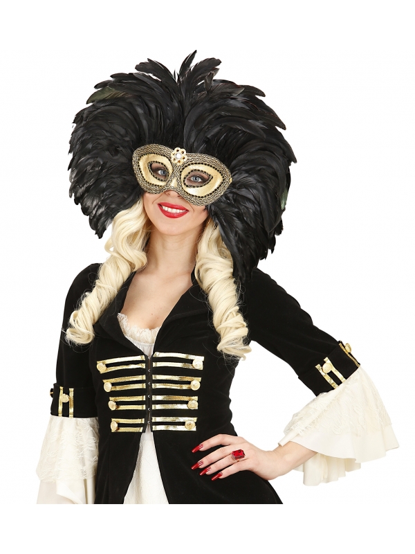 Masque loup doré avec longues plumes noires - femme