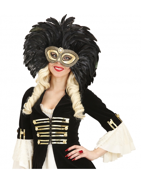 Masque loup doré avec longues plumes noires - femme