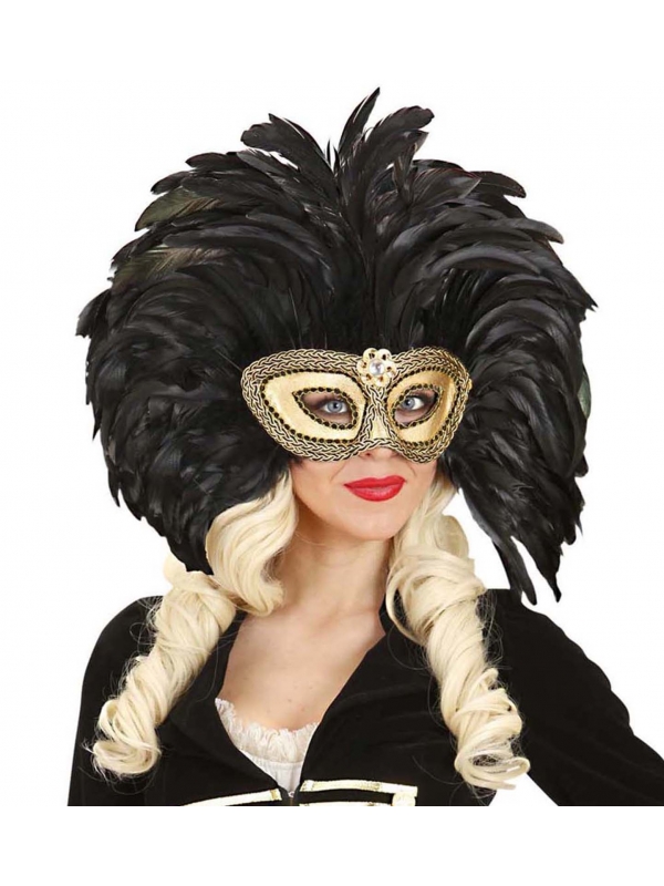 Masque loup doré avec longues plumes noires - femme