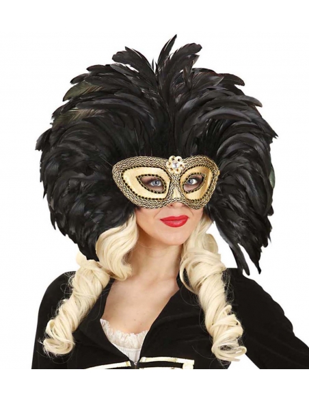 Masque loup doré avec longues plumes noires - femme
