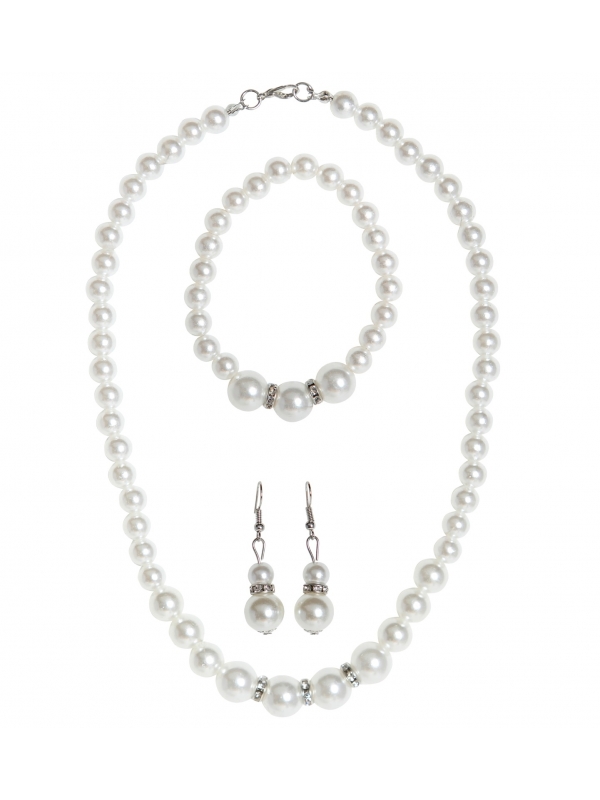 Parure bijoux perles et strass : collier, boucles d'oreilles et bracelet