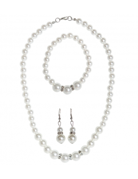 Parure bijoux perles et strass : collier, boucles d'oreilles et bracelet