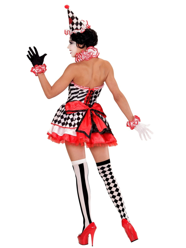 Déguisement Pierrot femme (robe, col, bandeaux de poignets, chapeau)