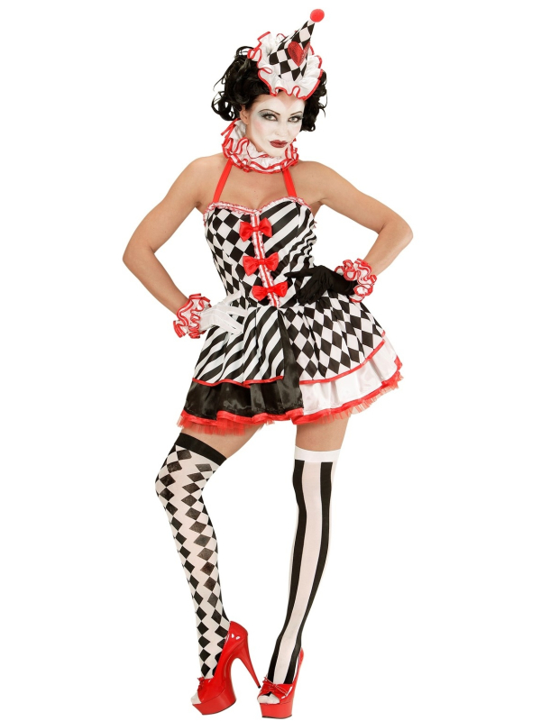 Déguisement Pierrot femme (robe, col, bandeaux de poignets, chapeau)