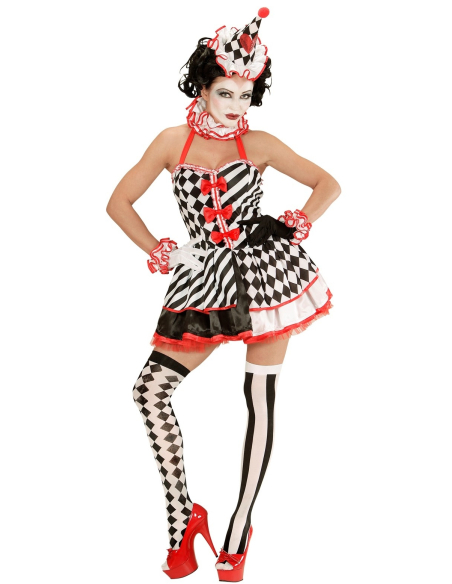 Déguisement Pierrot femme (robe, col, bandeaux de poignets, chapeau)