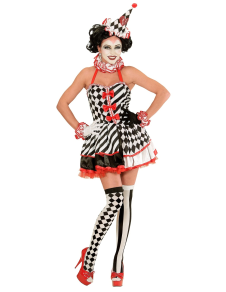 Déguisement Pierrot femme (robe, col, bandeaux de poignets, chapeau)