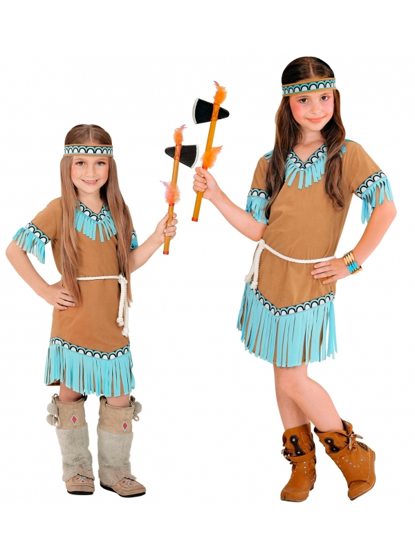 Déguisement de petite indienne marron et bleu : Transformez votre fillette en aventurière apache ou navajo