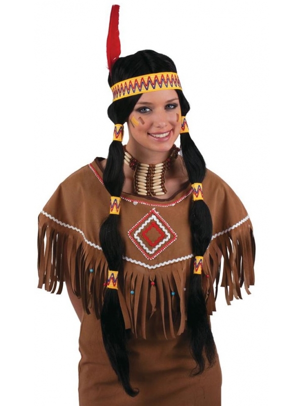 Perruque Indienne Avec Tresses Et Plumes Noir - Déguisement Carnaval Homme/Femme