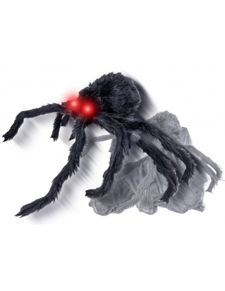 Décoration animée Halloween - Araignée noire de 50 cm qui saute avec des yeux rouges illuminés