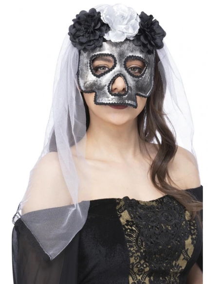 Masque Mariée Squelette avec Voile et Fleurs Halloween