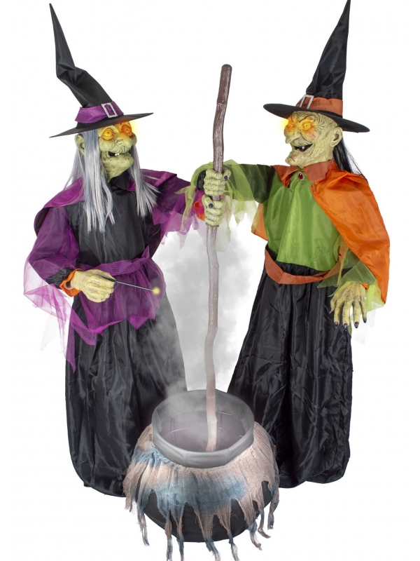 Automate Halloween 2 sorcières animées & chaudron magique