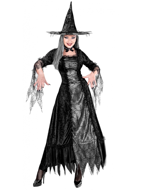Déguisement sorcière femme toile d'araignée (robe à cerceau, chapeau)