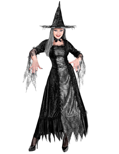 Déguisement sorcière femme toile d'araignée (robe à cerceau, chapeau)