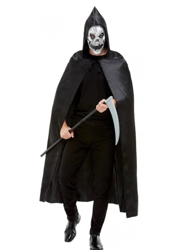Kit Faucheuse de la mort noir, homme (cape, masque et faux et 100 cm)