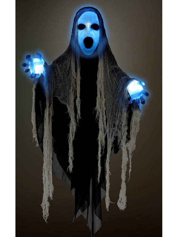 Décoration d'Halloween Effrayante : Faucheur 153 cm avec Tête et Mains Lumineuses