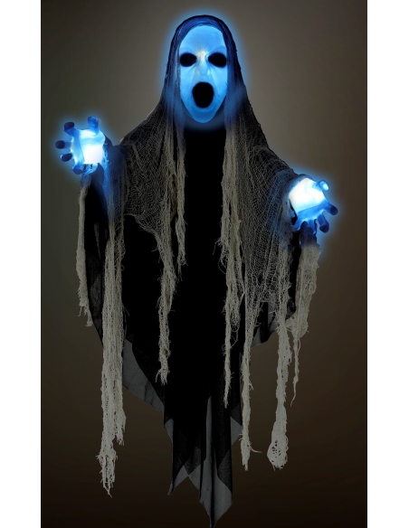 Décoration d'Halloween Effrayante : Faucheur 153 cm avec Tête et Mains Lumineuses