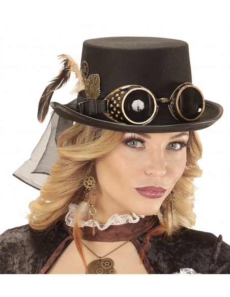 Chapeau Steampunk femme avec Lunettes et Pièces d'Engrenage