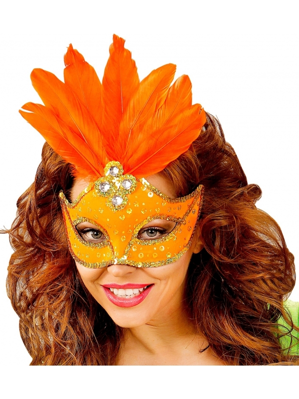 Masque Loup Néon Orange : Éclat et Glamour avec plumes et strass
