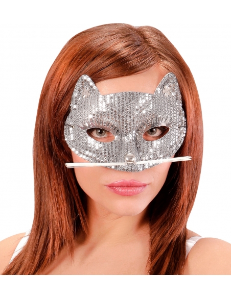 Loup de Chat à Paillettes Argentées avec Moustache : Élégance Féline pour Vos Costumes