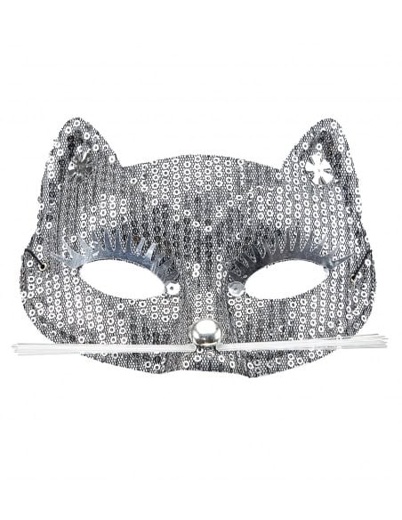 Loup de Chat à Paillettes Argentées avec Moustache : Élégance Féline pour Vos Costumes