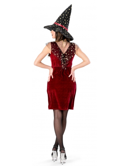 Déguisement Sorcière Femme Sexy pour Halloween - Robe Rouge Rubis et chapeau