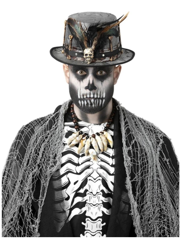 Chapeau Sorcier Vaudou crane, ossements et plumes : Halloween