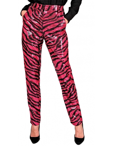 Pantalon Crayon femme à Paillettes Rose Motif Zèbre noir