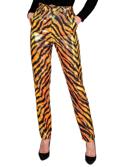 Pantalon Crayon femme : Motif Zèbre Noir sur Fond Orangé Doré
