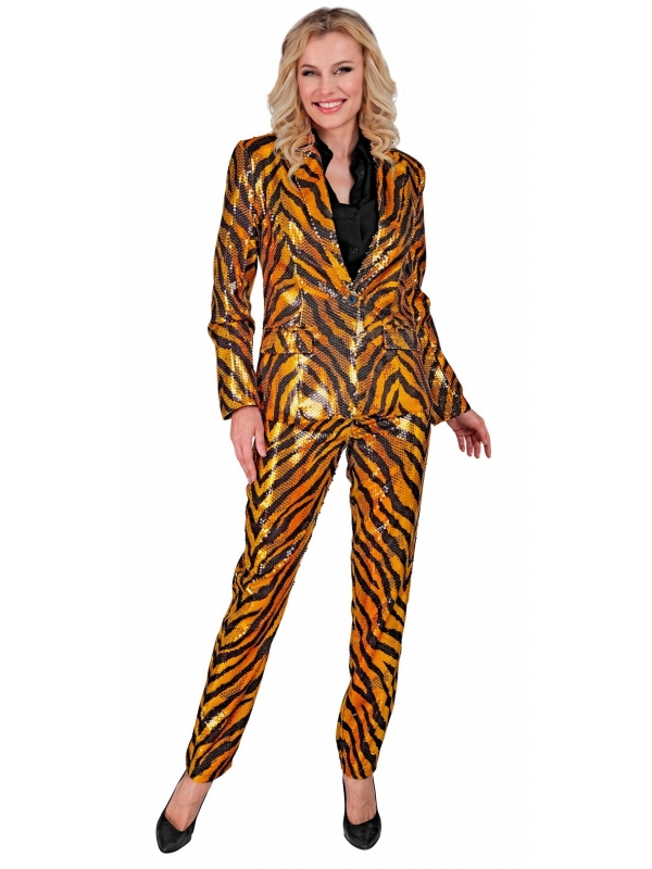 Pantalon Crayon femme : Motif Zèbre Noir sur Fond Orangé Doré
