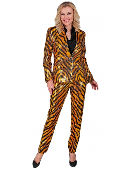 Pantalon Crayon femme : Motif Zèbre Noir sur Fond Orangé Doré