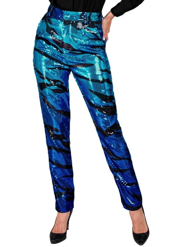 "Pantalon Pailleté Bleu à Sequins : Éclat des Vagues Lumineuses et Style Festif