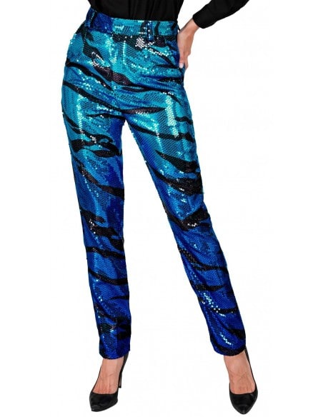 "Pantalon Pailleté Bleu à Sequins : Éclat des Vagues Lumineuses et Style Festif