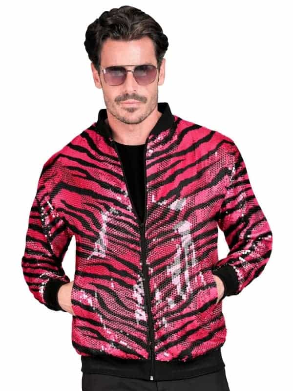 Veste Bomber à Paillettes Rose Animalier, Effet Zébré - Unisexe - Disco, Nouvel An